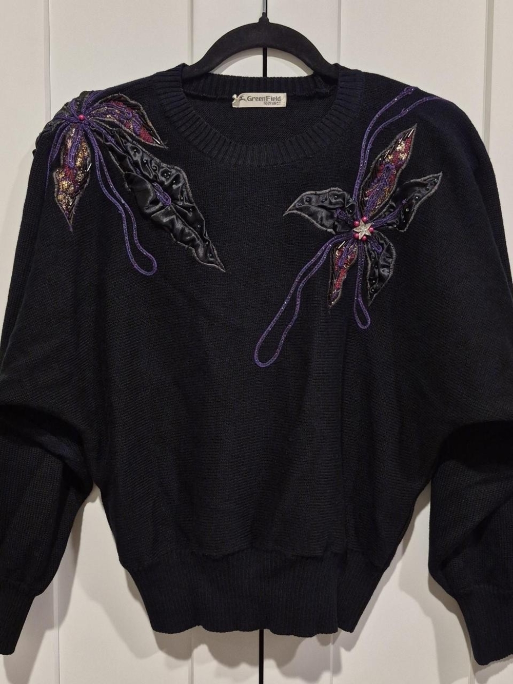 Greenfield Women's Black Embellished Sweater with Purple Detail